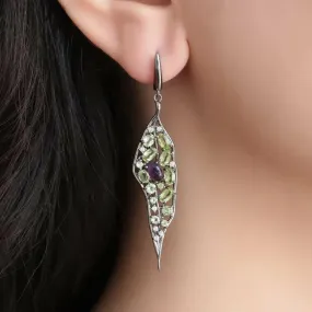 Genuine Peridot & Amethyst Silver Drop Earrings