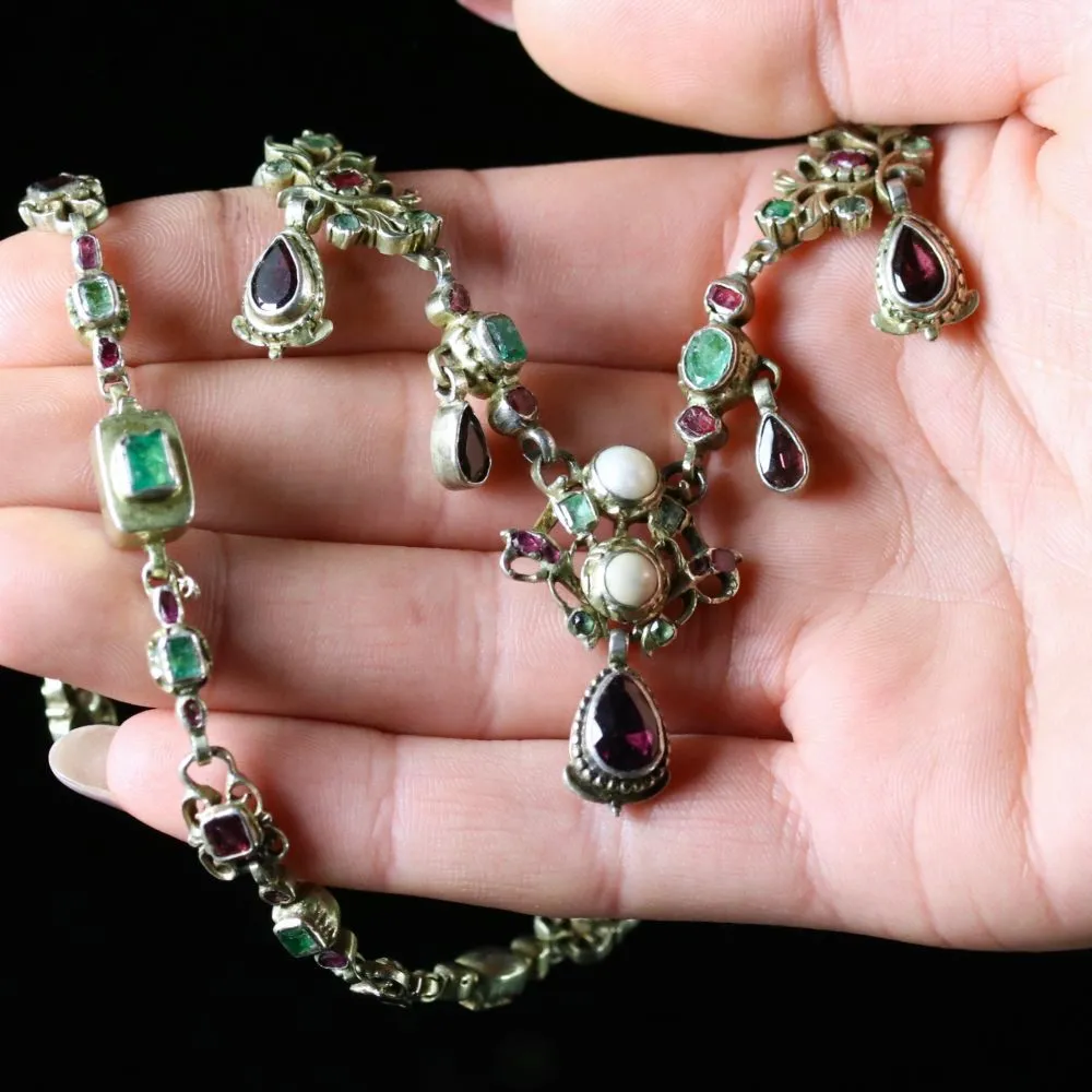 Georgian Renaissance Emerald Ruby Garnet Necklace Circa 1750