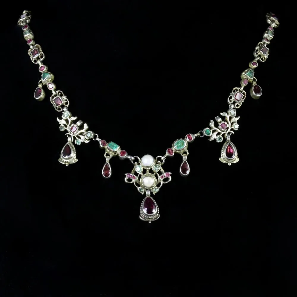 Georgian Renaissance Emerald Ruby Garnet Necklace Circa 1750