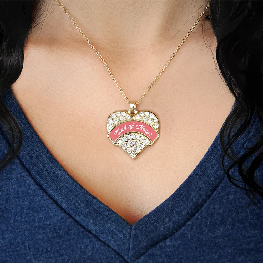 Gold Coral Maid of Honor Pave Heart Charm Classic Necklace