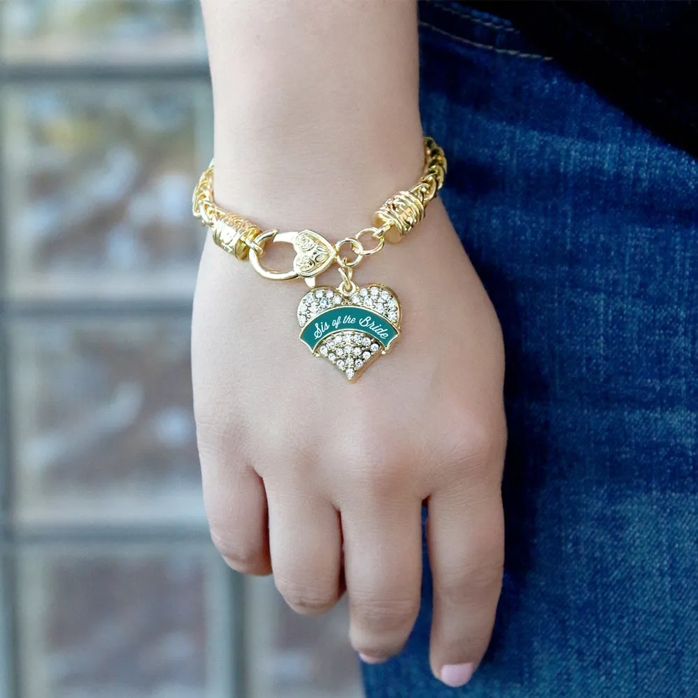 Gold Dark Teal Sis of Bride Pave Heart Charm Braided Bracelet