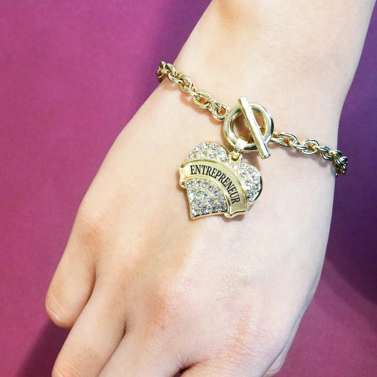 Gold Entrepreneur Pave Heart Charm Toggle Bracelet