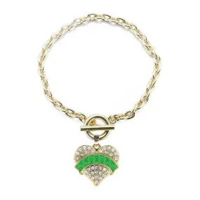 Gold Green Ribbon Support Pave Heart Charm Toggle Bracelet