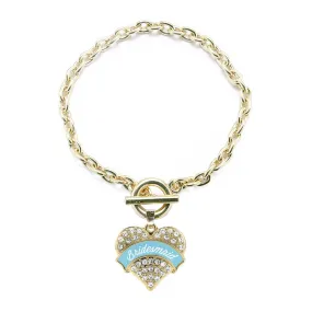 Gold Light Blue Bridesmaid Pave Heart Charm Toggle Bracelet
