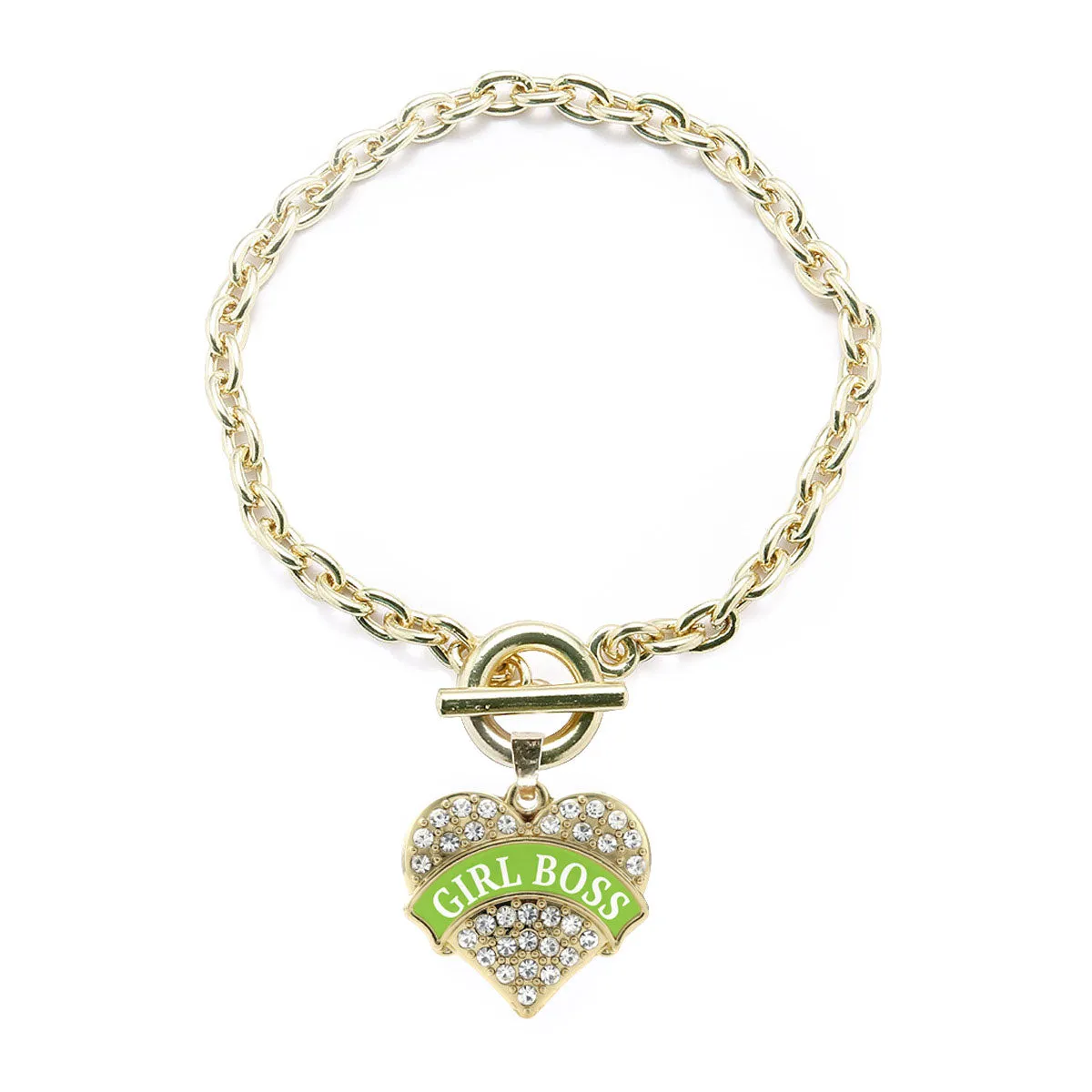 Gold Lime Green Girl Boss Pave Heart Charm Toggle Bracelet