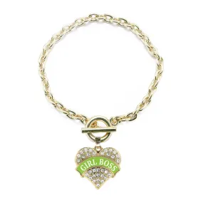 Gold Lime Green Girl Boss Pave Heart Charm Toggle Bracelet
