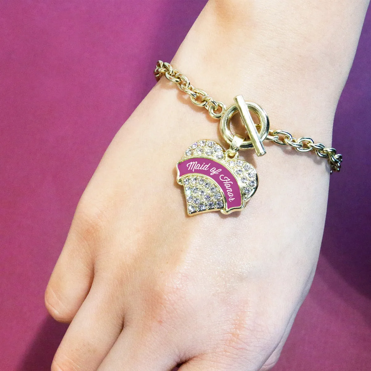 Gold Magenta Maid of Honor Pave Heart Charm Toggle Bracelet