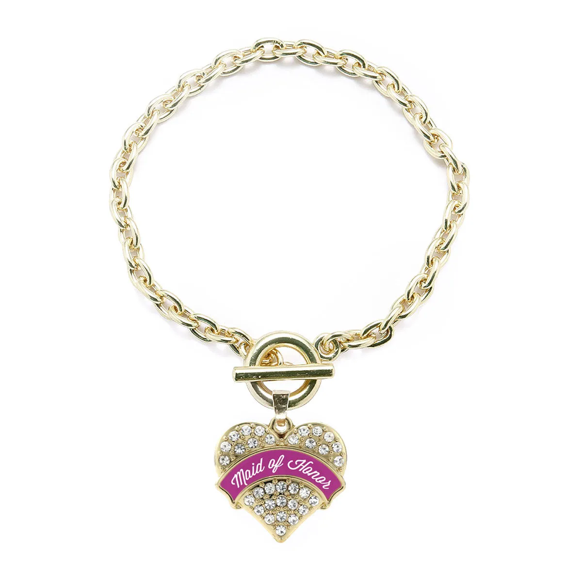 Gold Magenta Maid of Honor Pave Heart Charm Toggle Bracelet