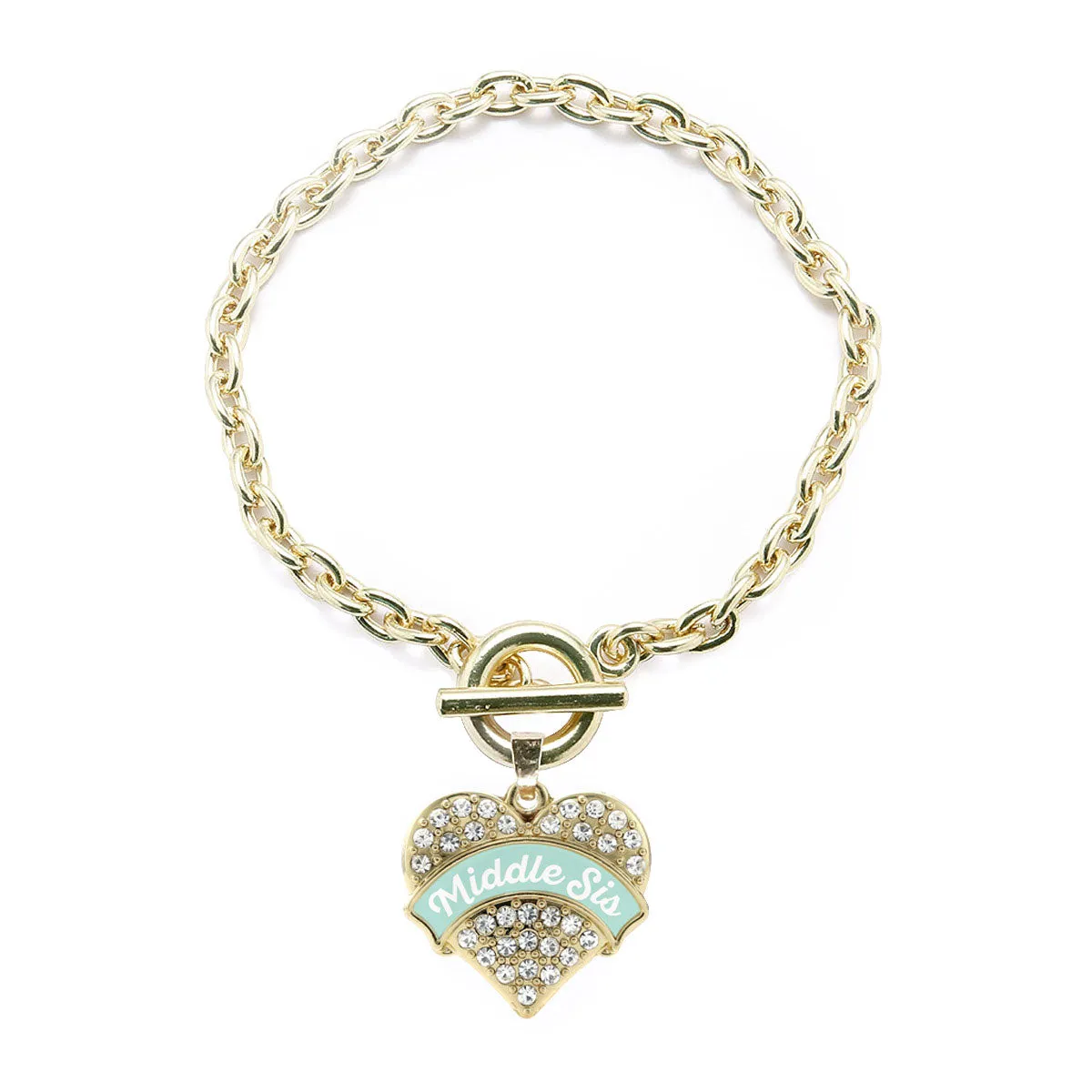 Gold Mint Middle Sister Pave Heart Charm Toggle Bracelet