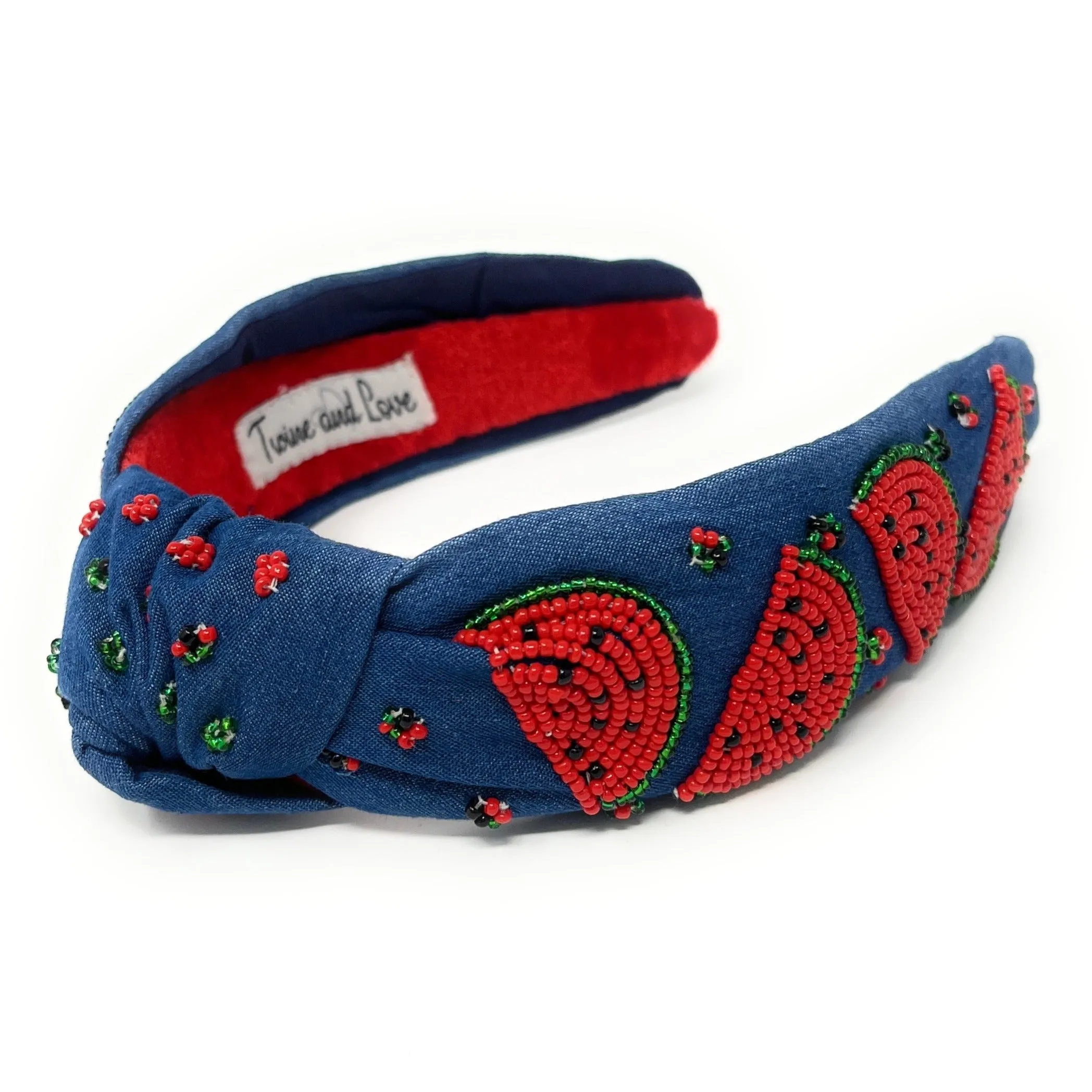Hand Beaded Watermelon Denim Knot Headband