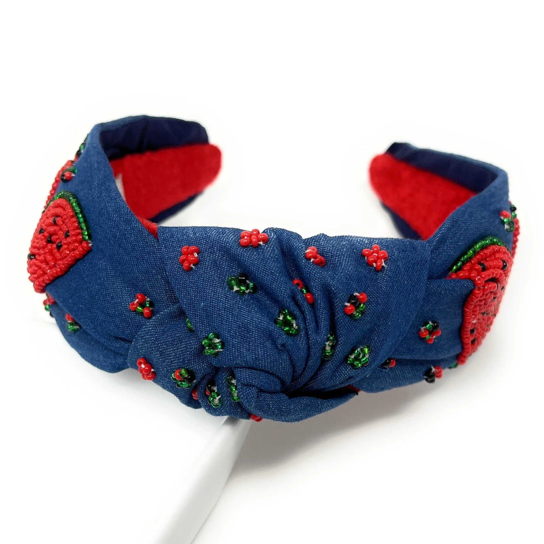 Hand Beaded Watermelon Denim Knot Headband