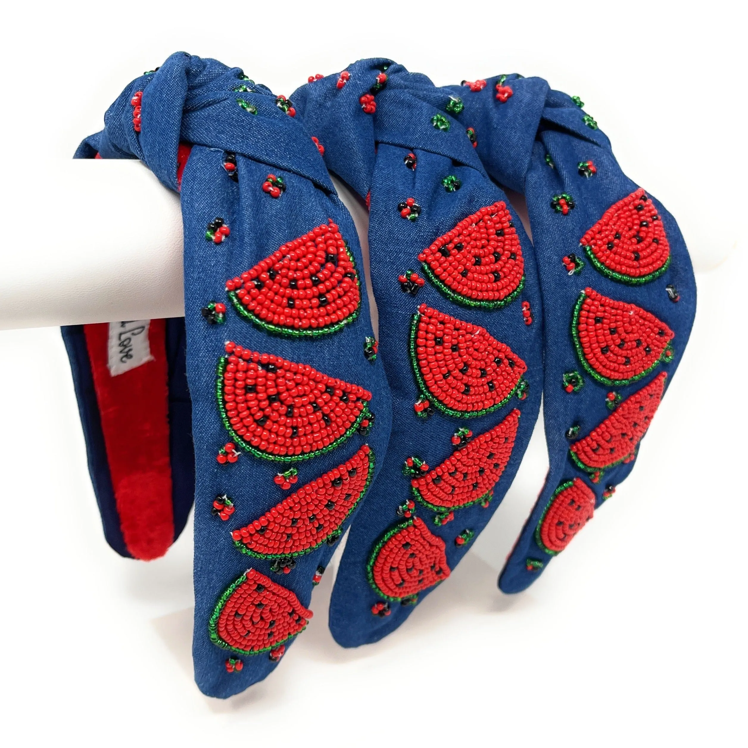 Hand Beaded Watermelon Denim Knot Headband