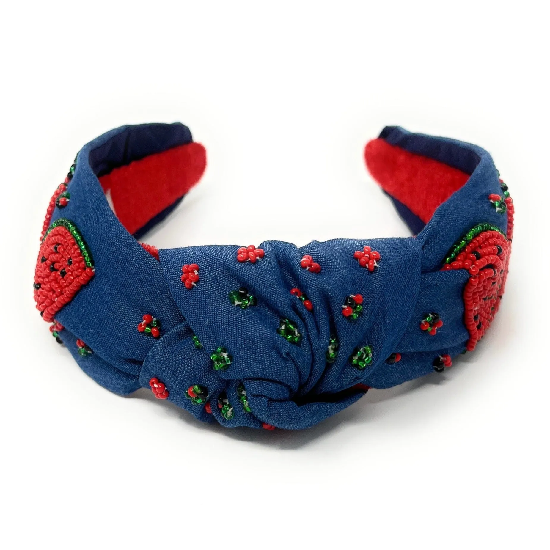 Hand Beaded Watermelon Denim Knot Headband