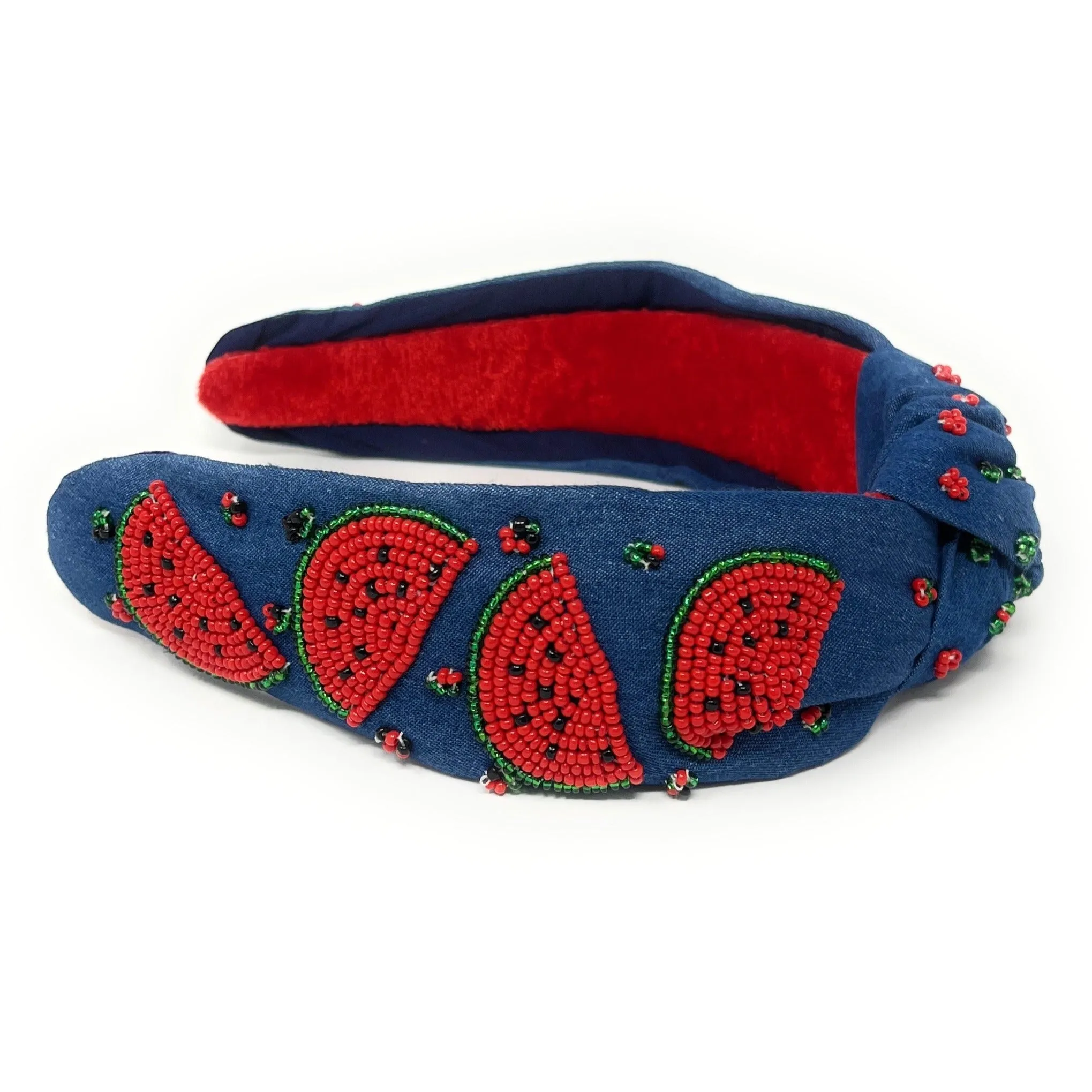 Hand Beaded Watermelon Denim Knot Headband