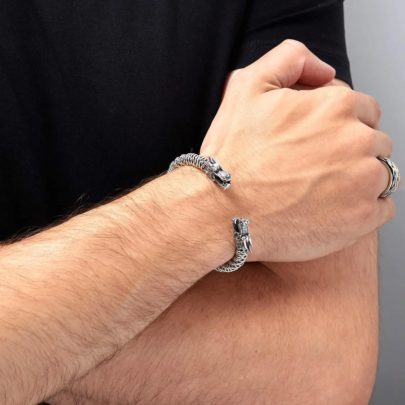 Handmade 925 Sterling Silver Dragon Bangle For Men