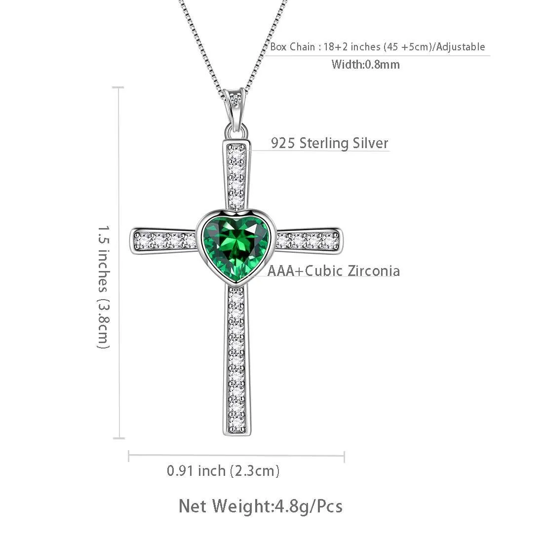 Heart Birthstone May Emerald Cross Necklace Pendant Women Girls Jewelry Birthday Gift
