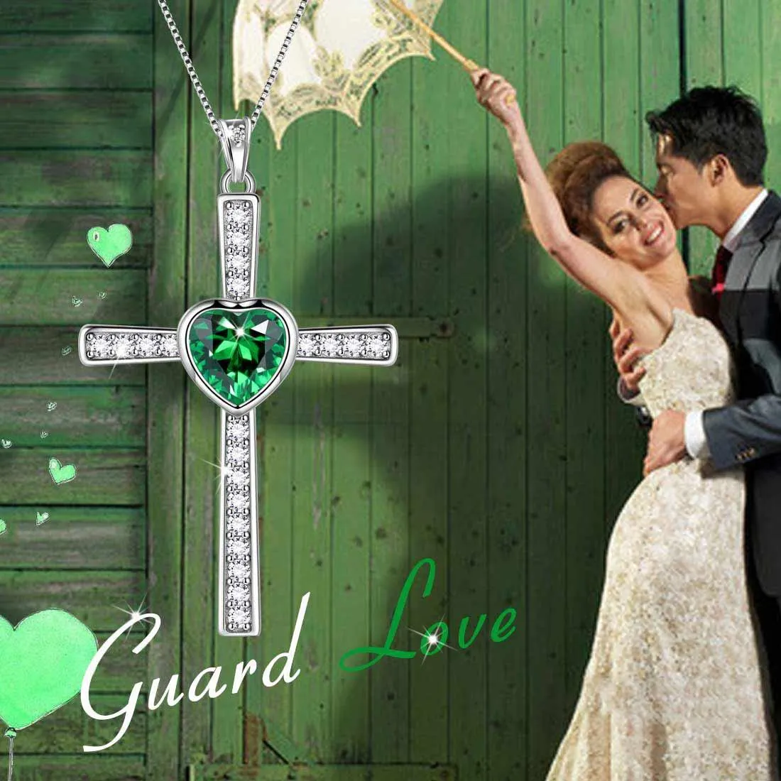 Heart Birthstone May Emerald Cross Necklace Pendant Women Girls Jewelry Birthday Gift