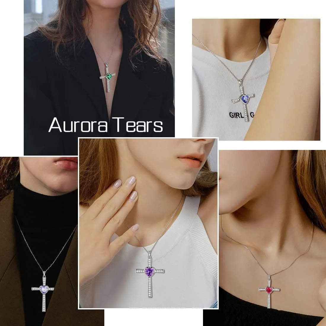 Heart Birthstone May Emerald Cross Necklace Pendant Women Girls Jewelry Birthday Gift