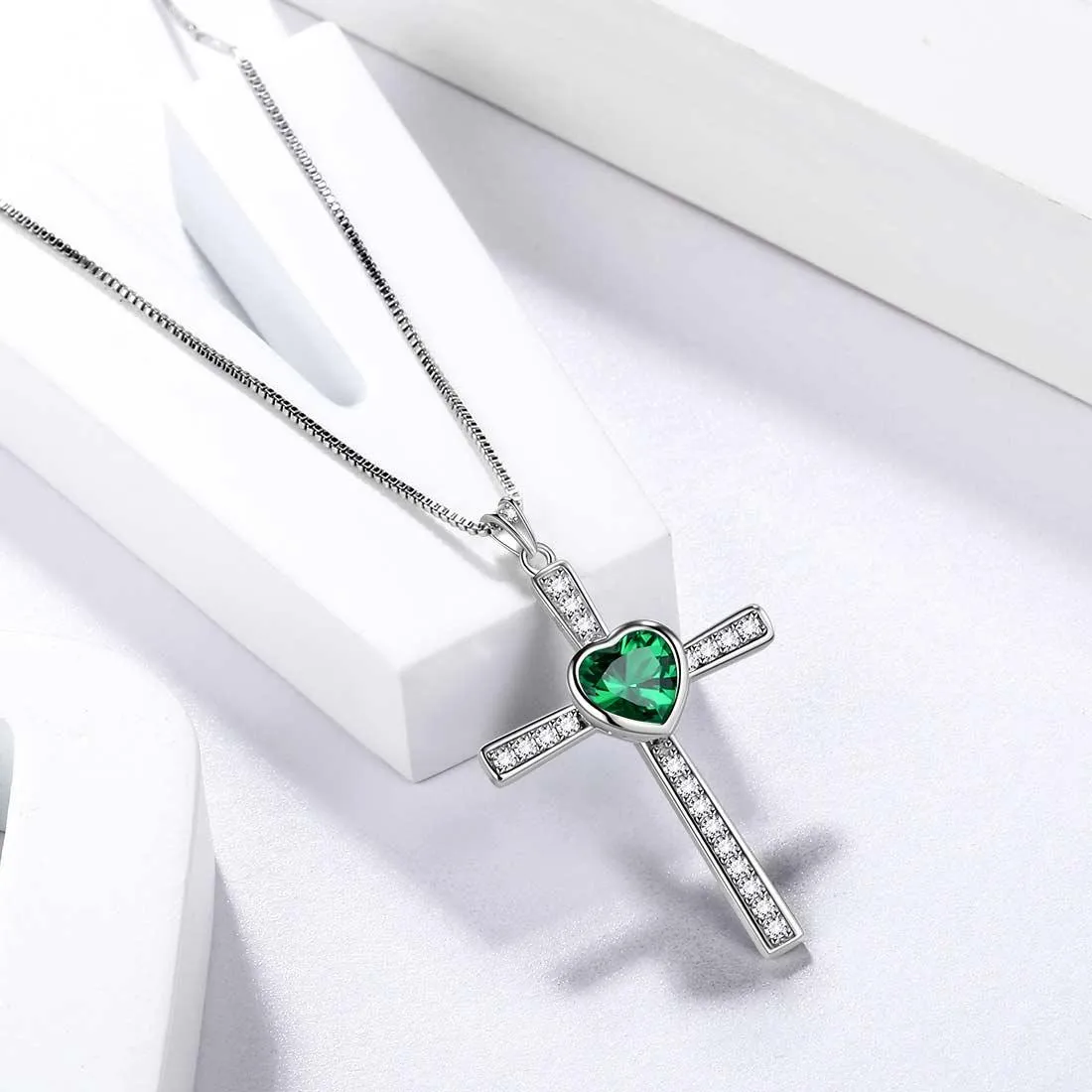 Heart Birthstone May Emerald Cross Necklace Pendant Women Girls Jewelry Birthday Gift