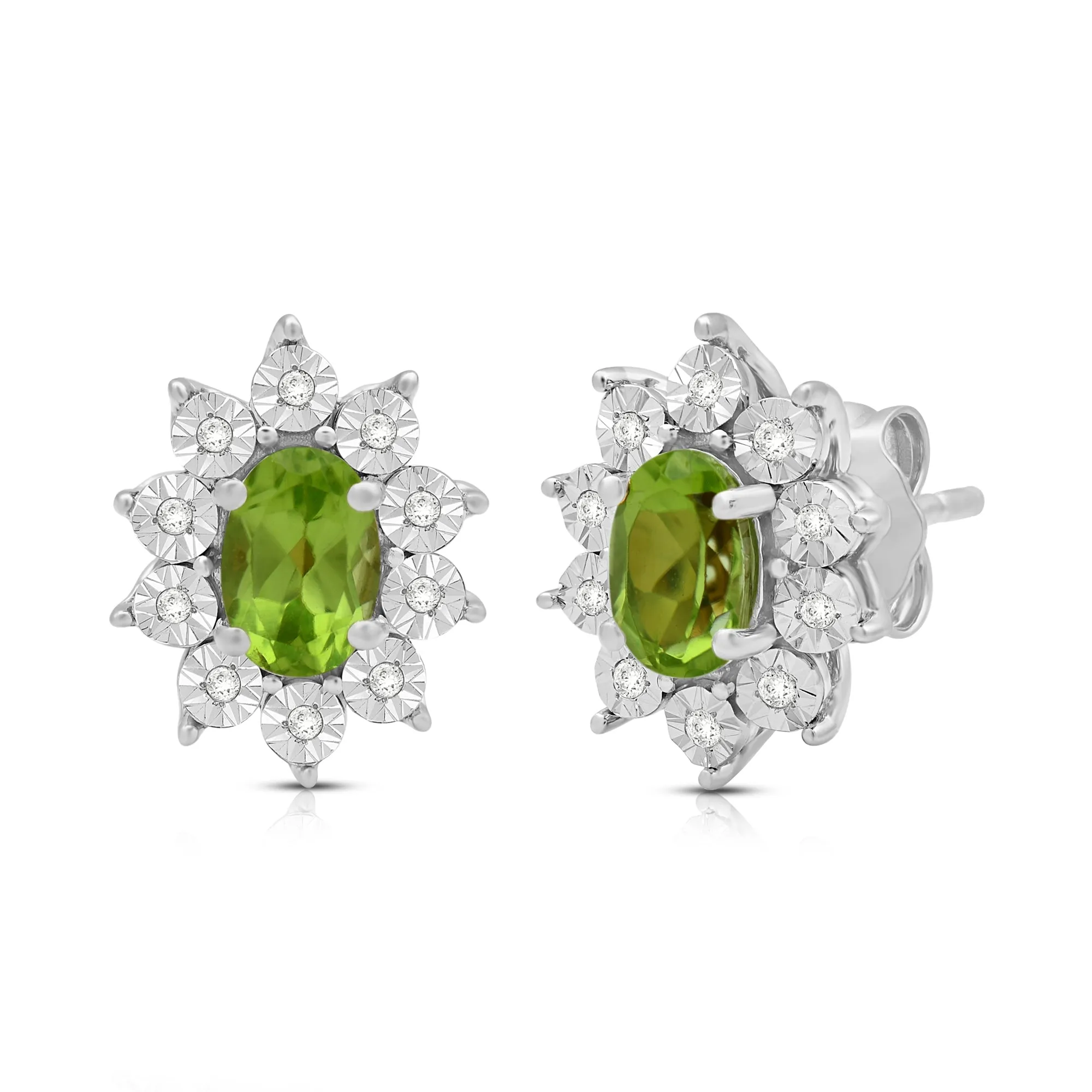 Jewelili Sterling Sliver 6x4 MM Oval Genuine Peridot and 1/20 Cttw Natural White Round Diamond Cluster Stud Earrings