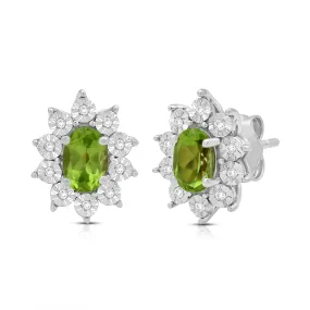 Jewelili Sterling Sliver 6x4 MM Oval Genuine Peridot and 1/20 Cttw Natural White Round Diamond Cluster Stud Earrings