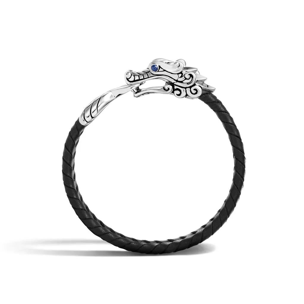 John Hardy Men's Legends Naga Sterling Silver Bracelet On Braided Black Leather with Blue Sapphire