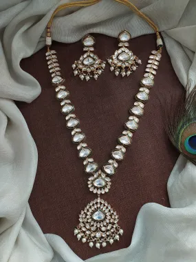 Kundan Emerald-Meenakari Work Long Haram Set with White Kundan Stones & Pearl Drops