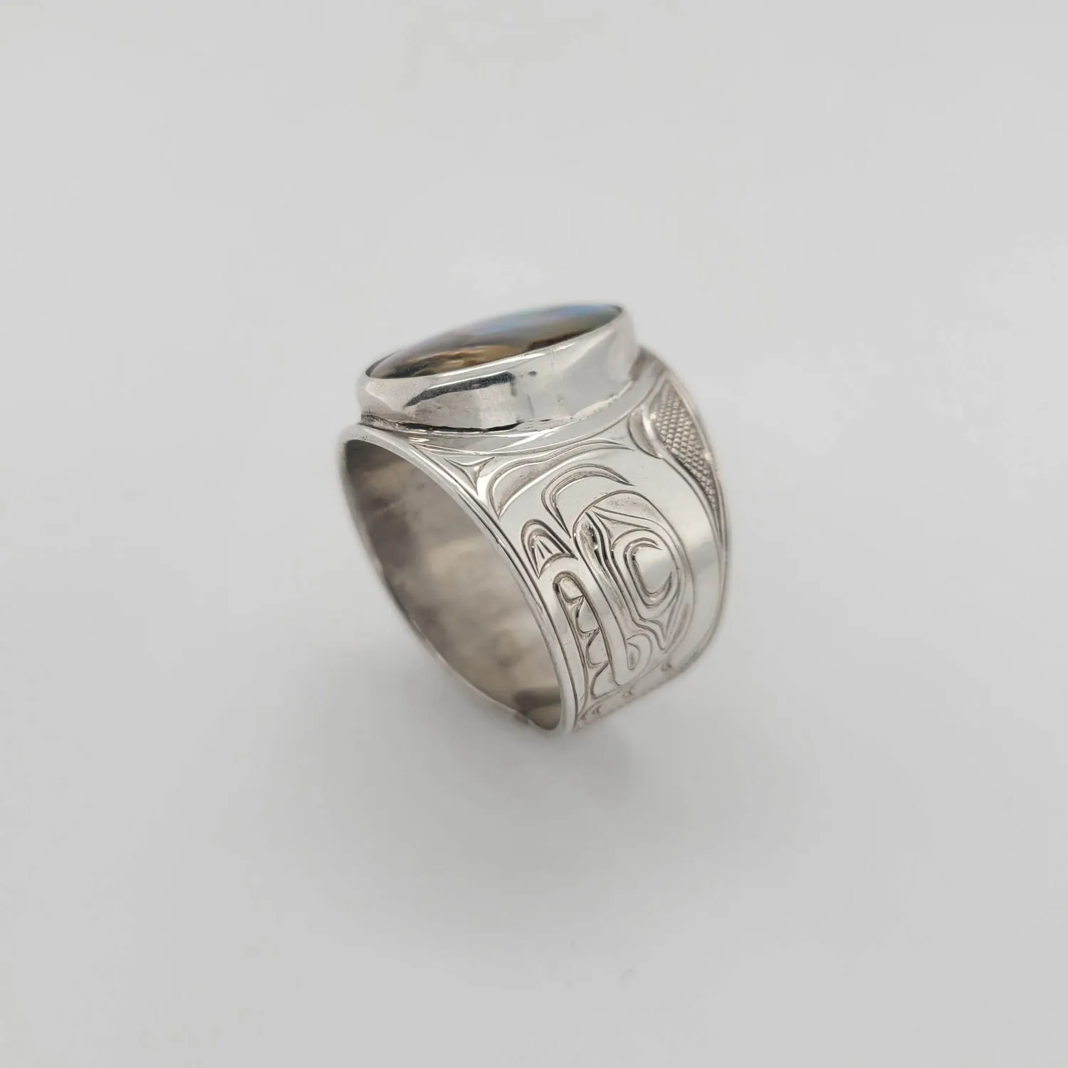 Large Silver and Abalone Orca Signet Ring