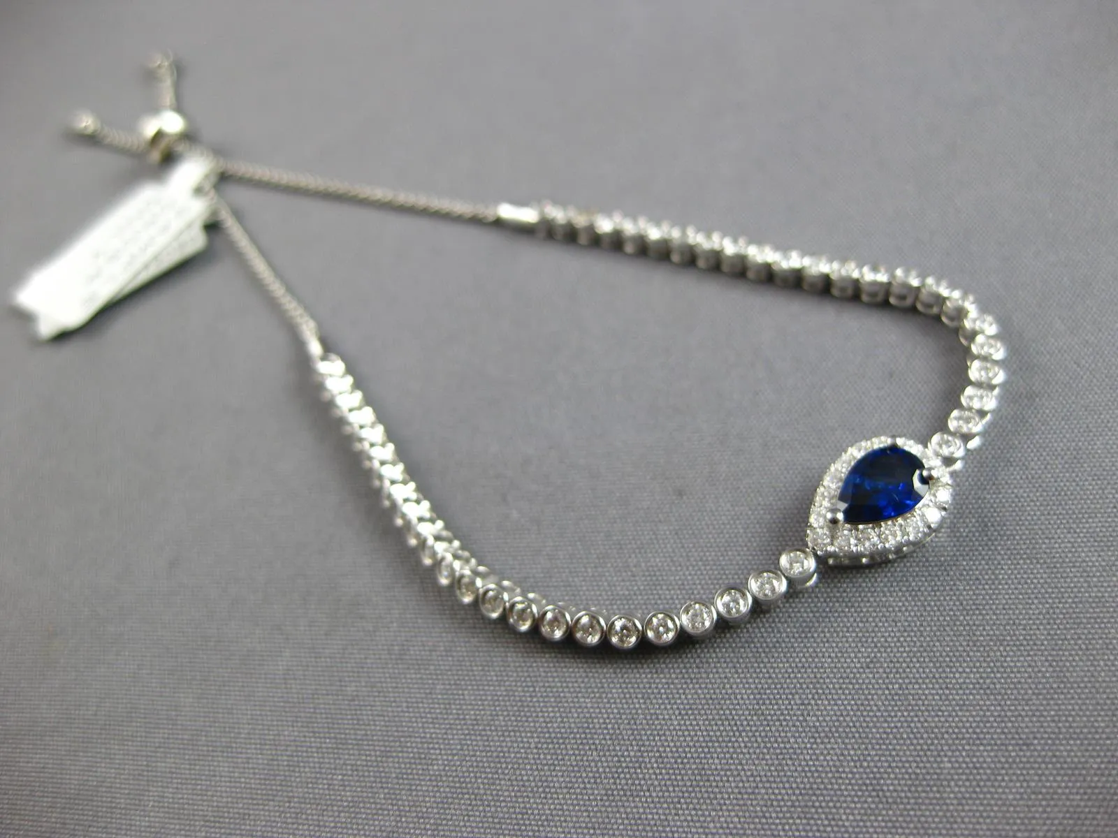 LONG 1.41CT DIAMOND AAA SAPPHIRE 18KT WHITE GOLD PEAR SHAPE HALO TENNIS BRACELET