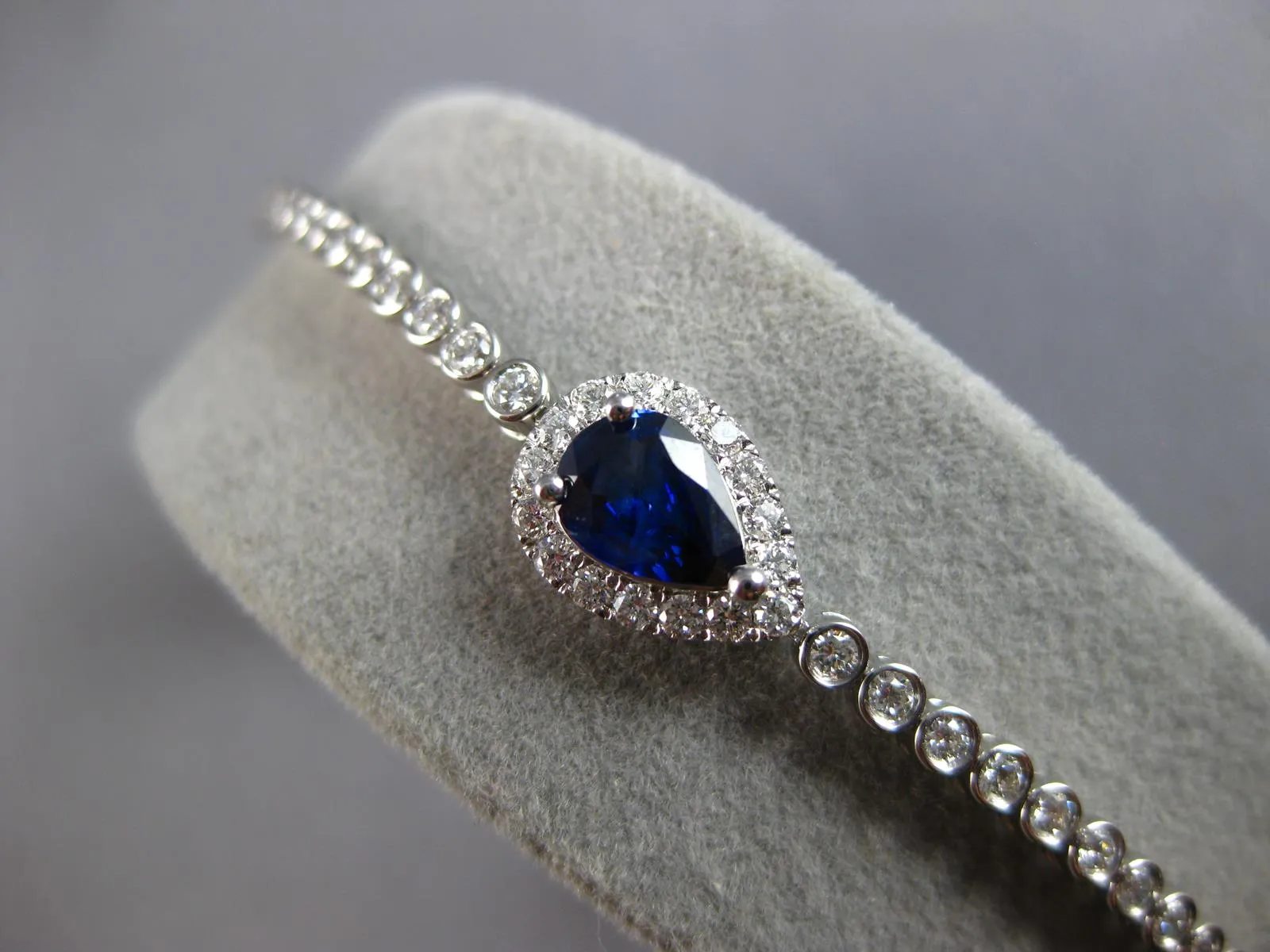 LONG 1.41CT DIAMOND AAA SAPPHIRE 18KT WHITE GOLD PEAR SHAPE HALO TENNIS BRACELET