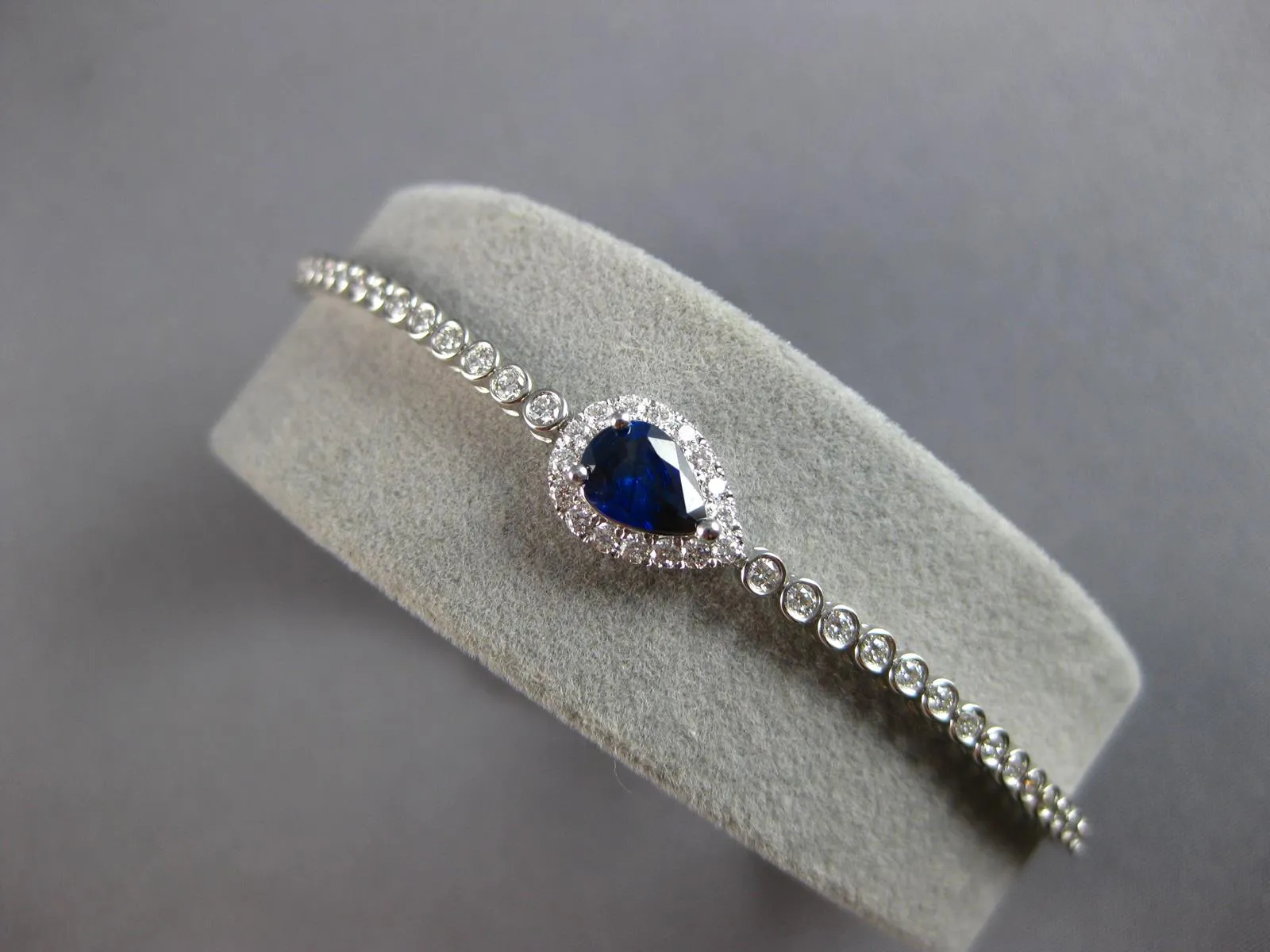 LONG 1.41CT DIAMOND AAA SAPPHIRE 18KT WHITE GOLD PEAR SHAPE HALO TENNIS BRACELET