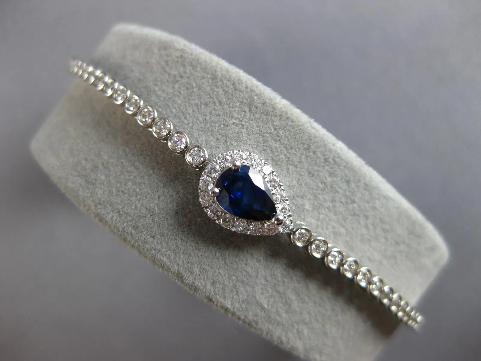 LONG 1.41CT DIAMOND AAA SAPPHIRE 18KT WHITE GOLD PEAR SHAPE HALO TENNIS BRACELET