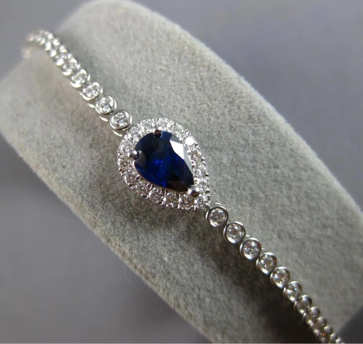 LONG 1.41CT DIAMOND AAA SAPPHIRE 18KT WHITE GOLD PEAR SHAPE HALO TENNIS BRACELET