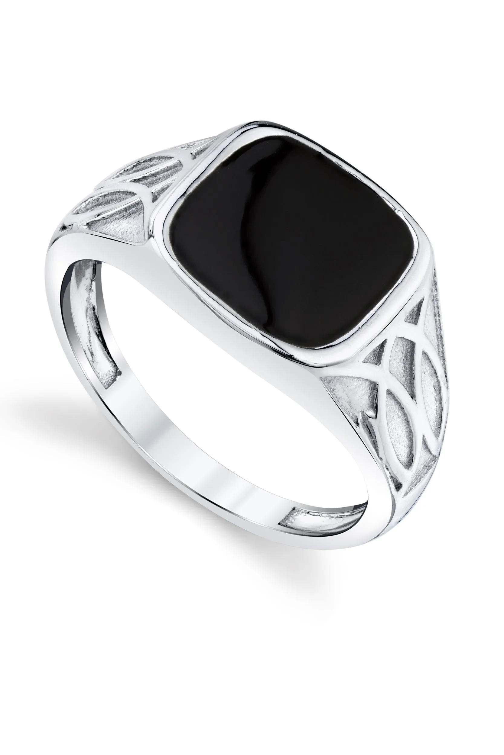 Men's Signet Pinky Ring Sterling Silver Black Enamel Caved Celtic Design 12MM