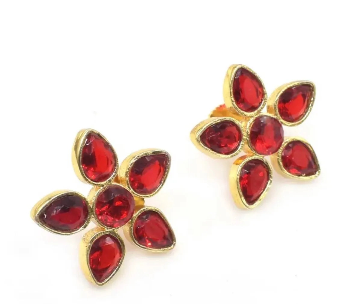 Multi-Gemstone Flower Gold Stud Earrings 1”