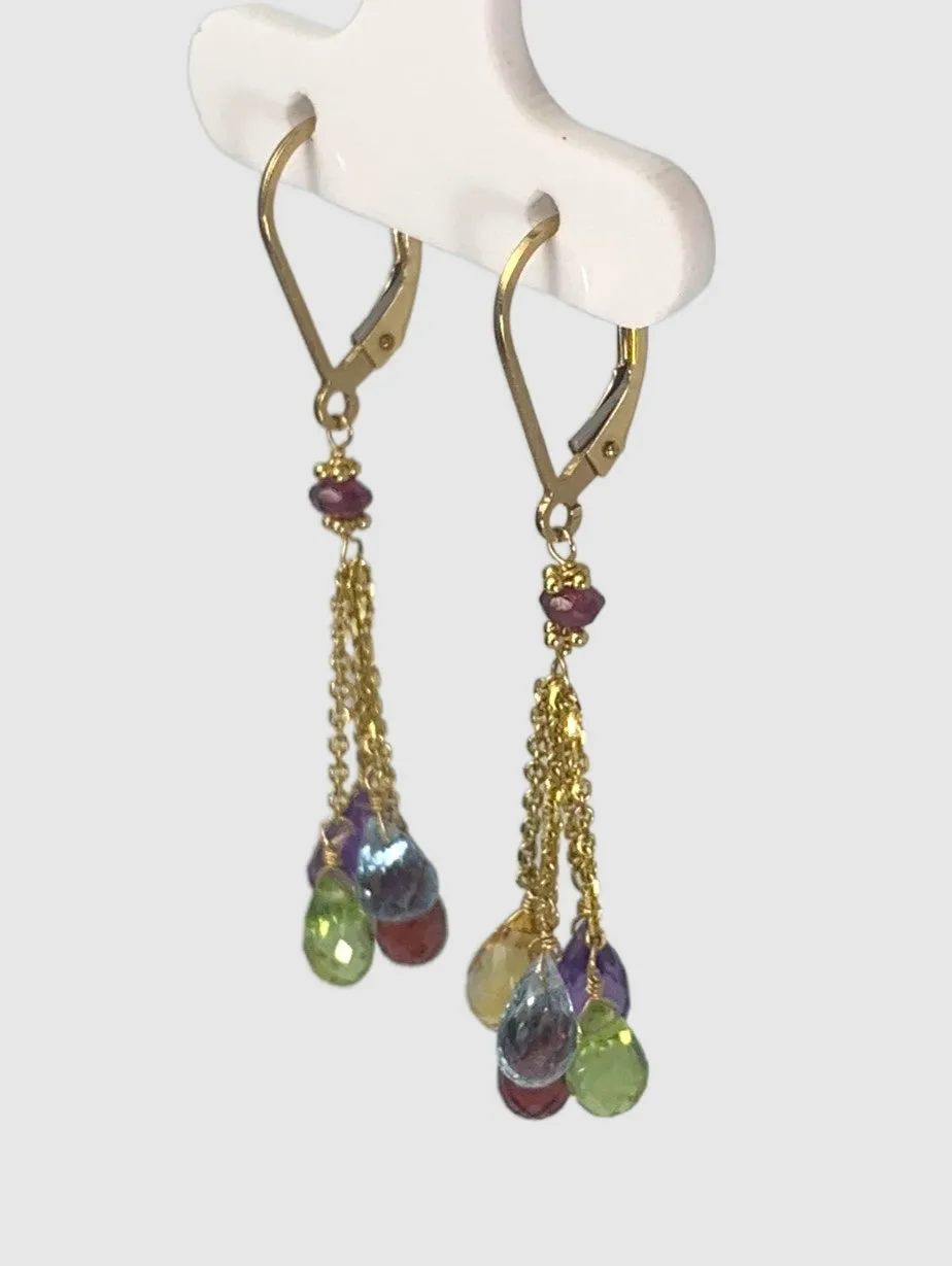 Multicolored Gemstone 5 stone Tassel Earrings in 14KY - EAR-028-5DTSGM14Y-MLTI
