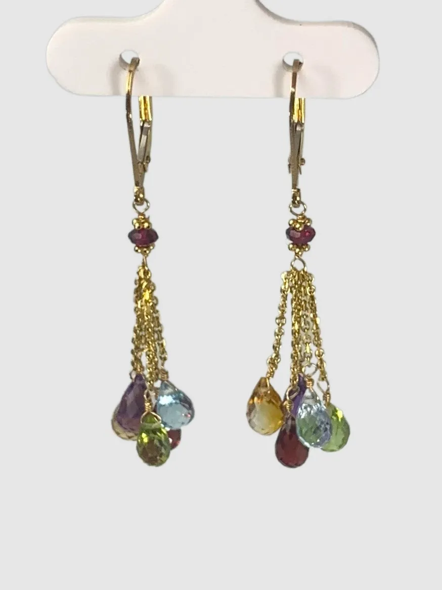 Multicolored Gemstone 5 stone Tassel Earrings in 14KY - EAR-028-5DTSGM14Y-MLTI