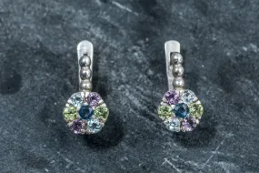 Multistone Flower Earrings - Natural Sapphire Drop Earrings - Colorful Vintage Earrings