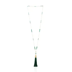 Natural Emerald & Pearl Beads Tassel Diamond 18k Yellow Gold Necklace On Sale For Her