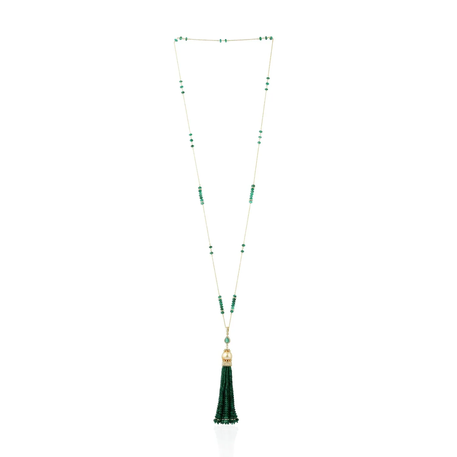 Natural Emerald & Pearl Beads Tassel Diamond 18k Yellow Gold Necklace On Sale For Her