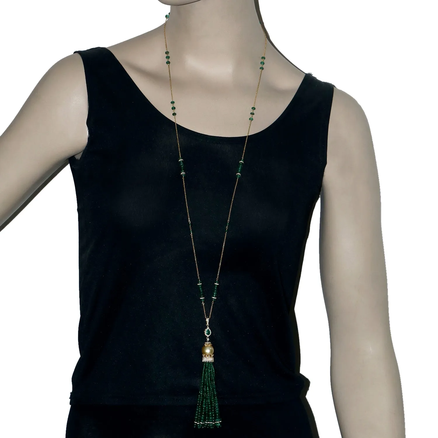 Natural Emerald & Pearl Beads Tassel Diamond 18k Yellow Gold Necklace On Sale For Her