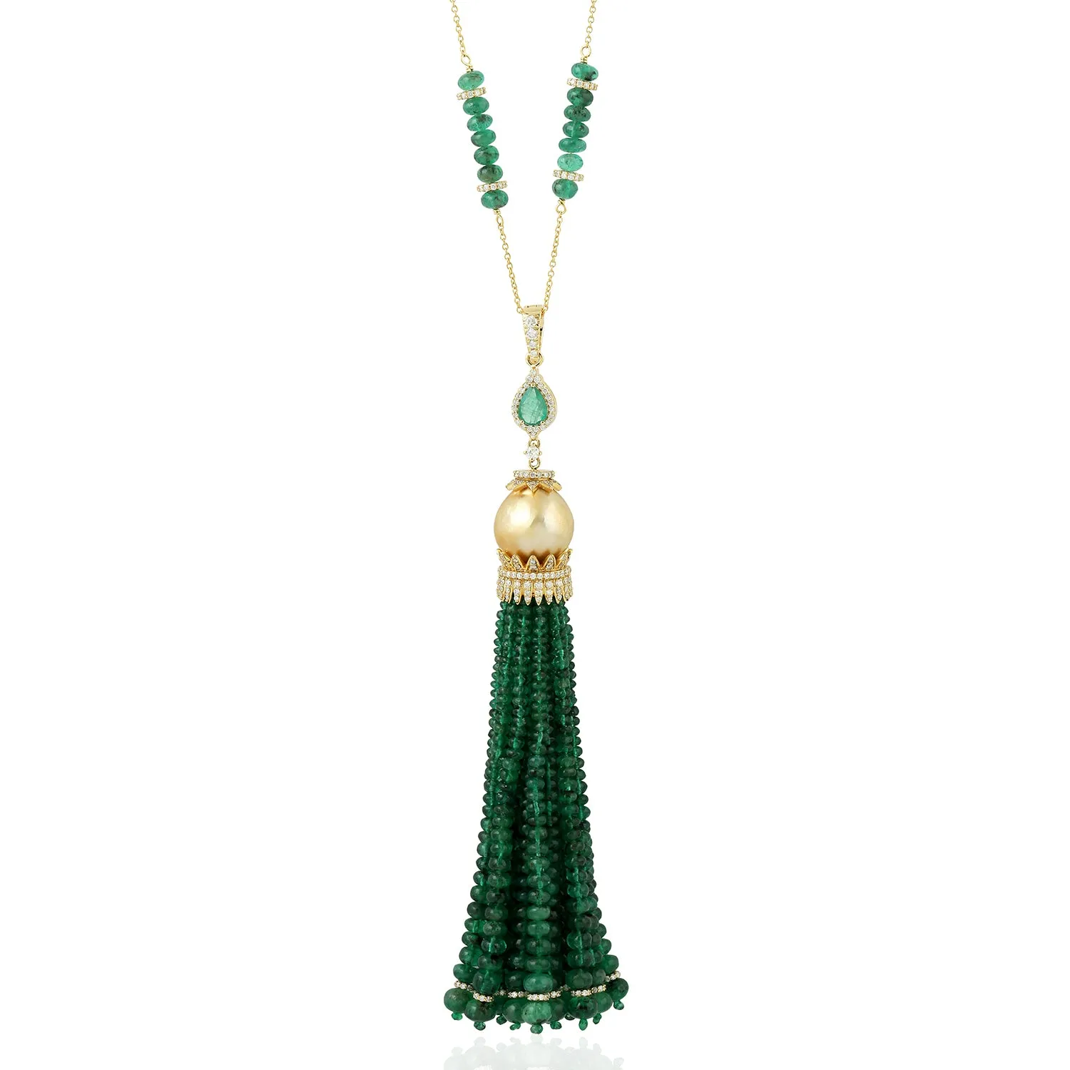 Natural Emerald & Pearl Beads Tassel Diamond 18k Yellow Gold Necklace On Sale For Her