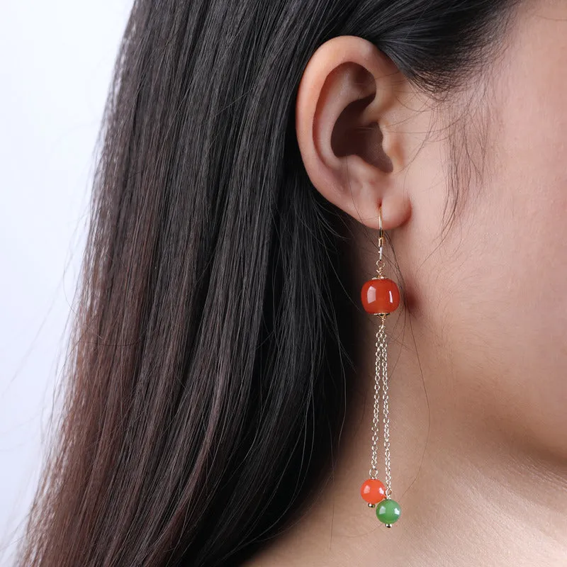 Natural Jade Earrings Nephrite Red Agate Silver Earrings ZEG546