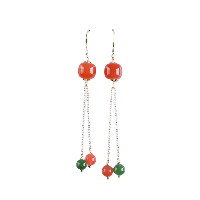 Natural Jade Earrings Nephrite Red Agate Silver Earrings ZEG546