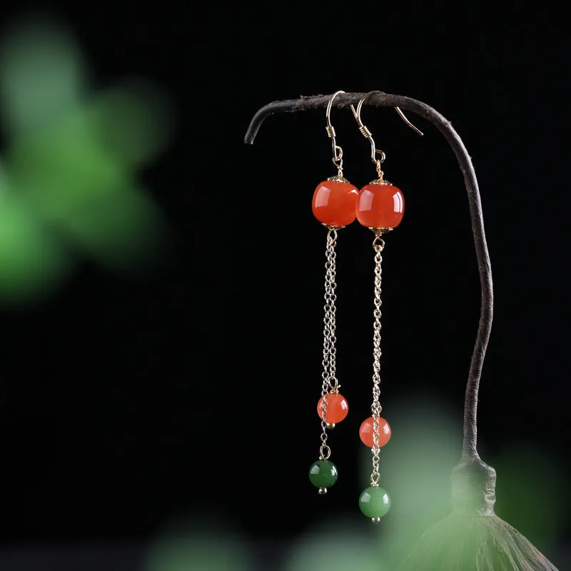 Natural Jade Earrings Nephrite Red Agate Silver Earrings ZEG546