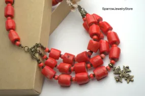 Natural salmon coral necklace Vintage carrot coral necklace Genuine coral gift Personalized gift idea for mom Gifts for her Anniversary gift
