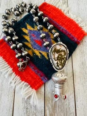 Navajo Sterling Silver, Turquoise & Coral Blossom Beaded Necklace