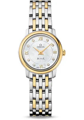 Omega De Ville Prestige Quartz Watch - 24.4 mm Steel Case - Yellow Gold Bezel - Mother-Of-Pearl Diamond Dial - Yellow Gold Bracelet - 424.20.24.60.55.001