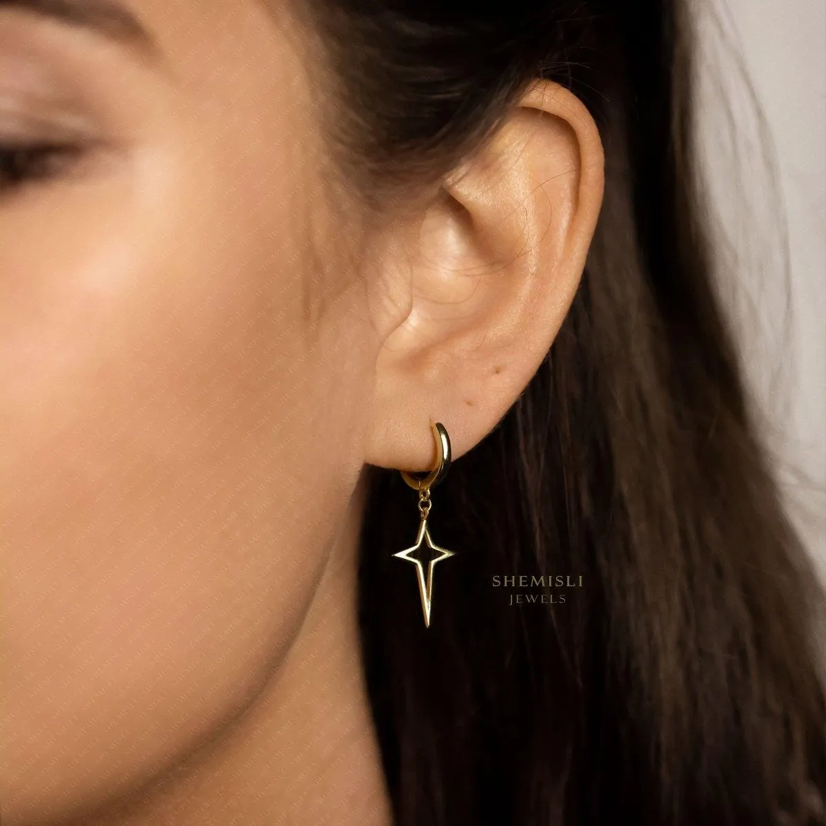 Open 4 Point Star Hoop Earrings, Star Drop Huggies, Gold, Silver SHEMISLI - SH474