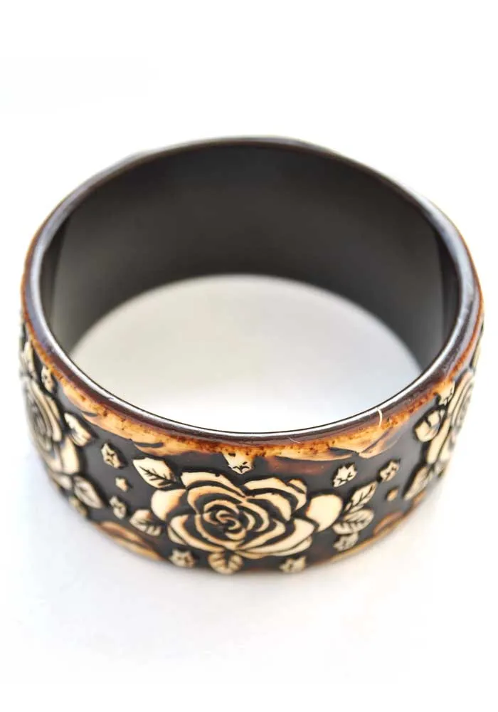 Painted Floral Carved Resin Bangle • Rose Bracelet • Modern